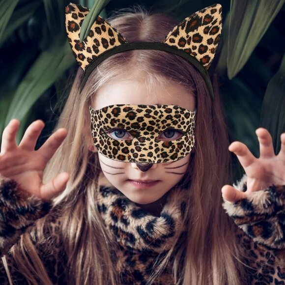 Cat Ears Headband & Masquerade Mask Set Plush Leopard Print Costume Accessory